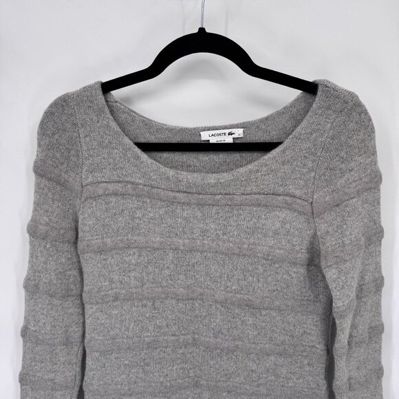 Lacoste Ribbed Sweater‎ Womens 32 Gray Wool Viscose Blend Side Slits - Picture 2 of 7